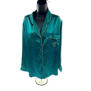 Vintage Victoria Secret Women's Satin Gold Label Green Button up Pajama Top M